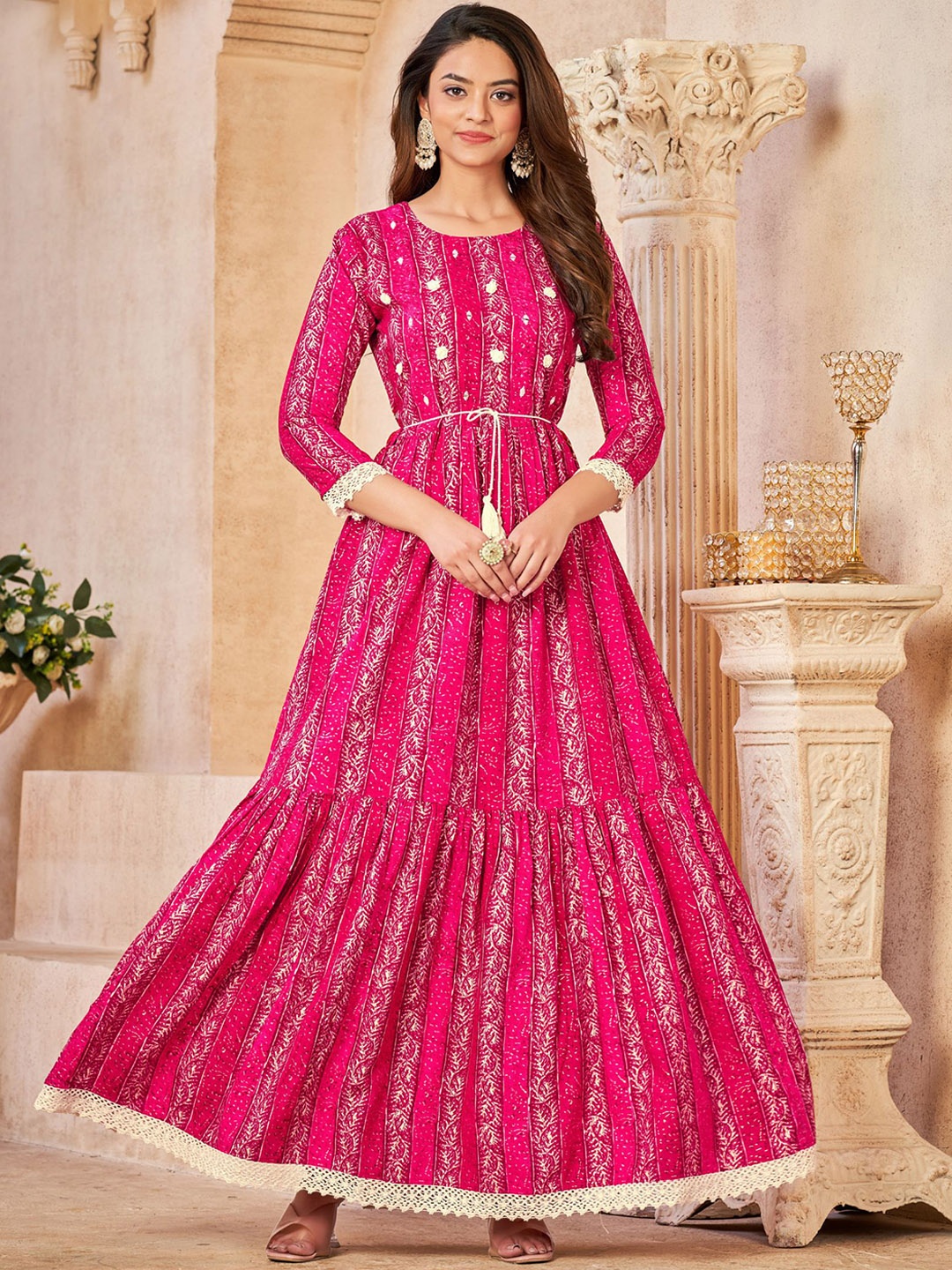 

KALINI Floral Printed Tiered Fit & Flared Ethnic Dress, Pink