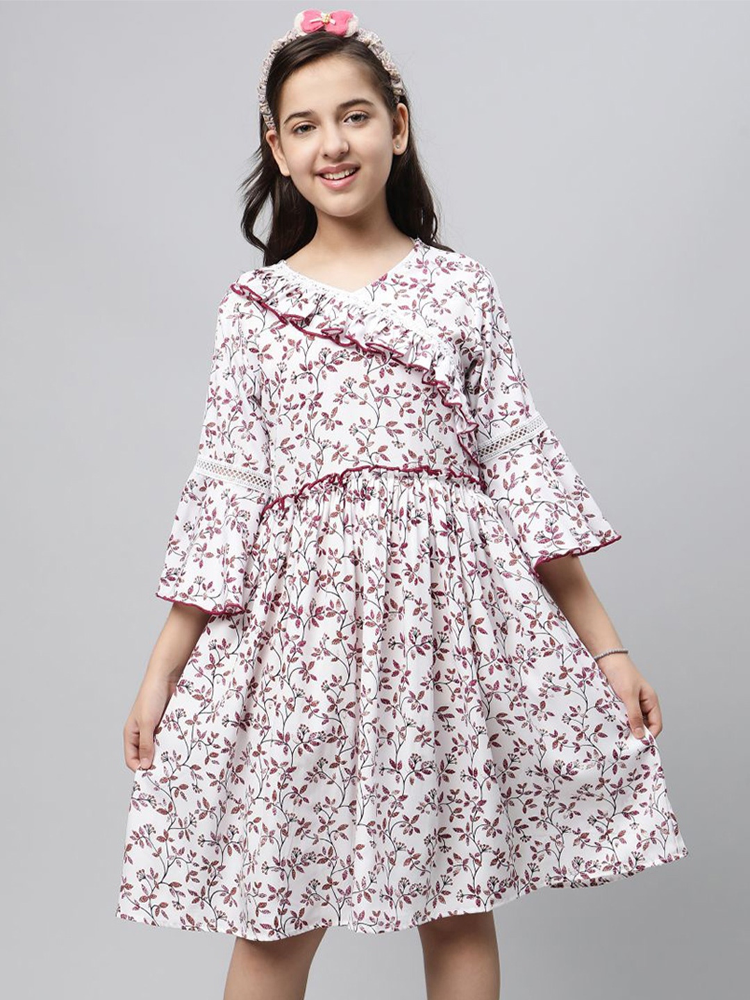 

BAESD Floral Print V-Neck Bell Sleeve Fit & Flare Dress, Maroon