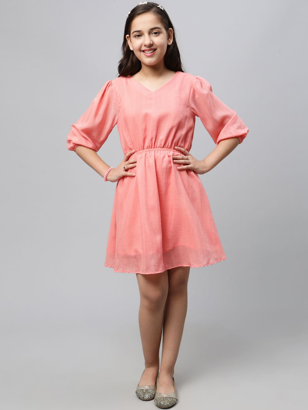 

BAESD V-Neck Puff Sleeve Gathered & Pleated Fit & Flare Dress, Peach
