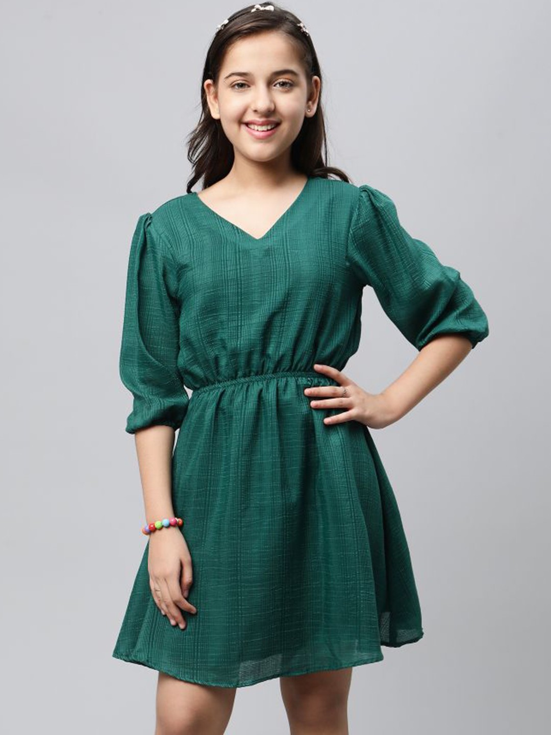 

BAESD V-Neck Puff Sleeve Gathered & Pleated Fit & Flare Dress, Green