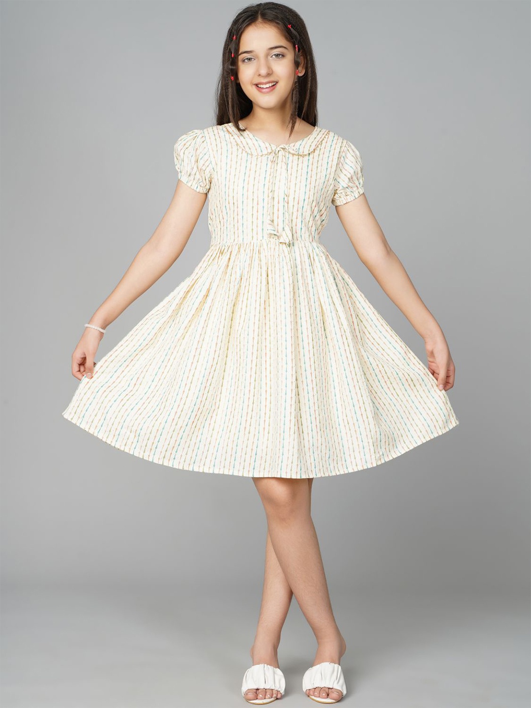 

BAESD Printed Peter Pen Collar Puff Sleeve Fit & Flare Cotton Dress, Cream