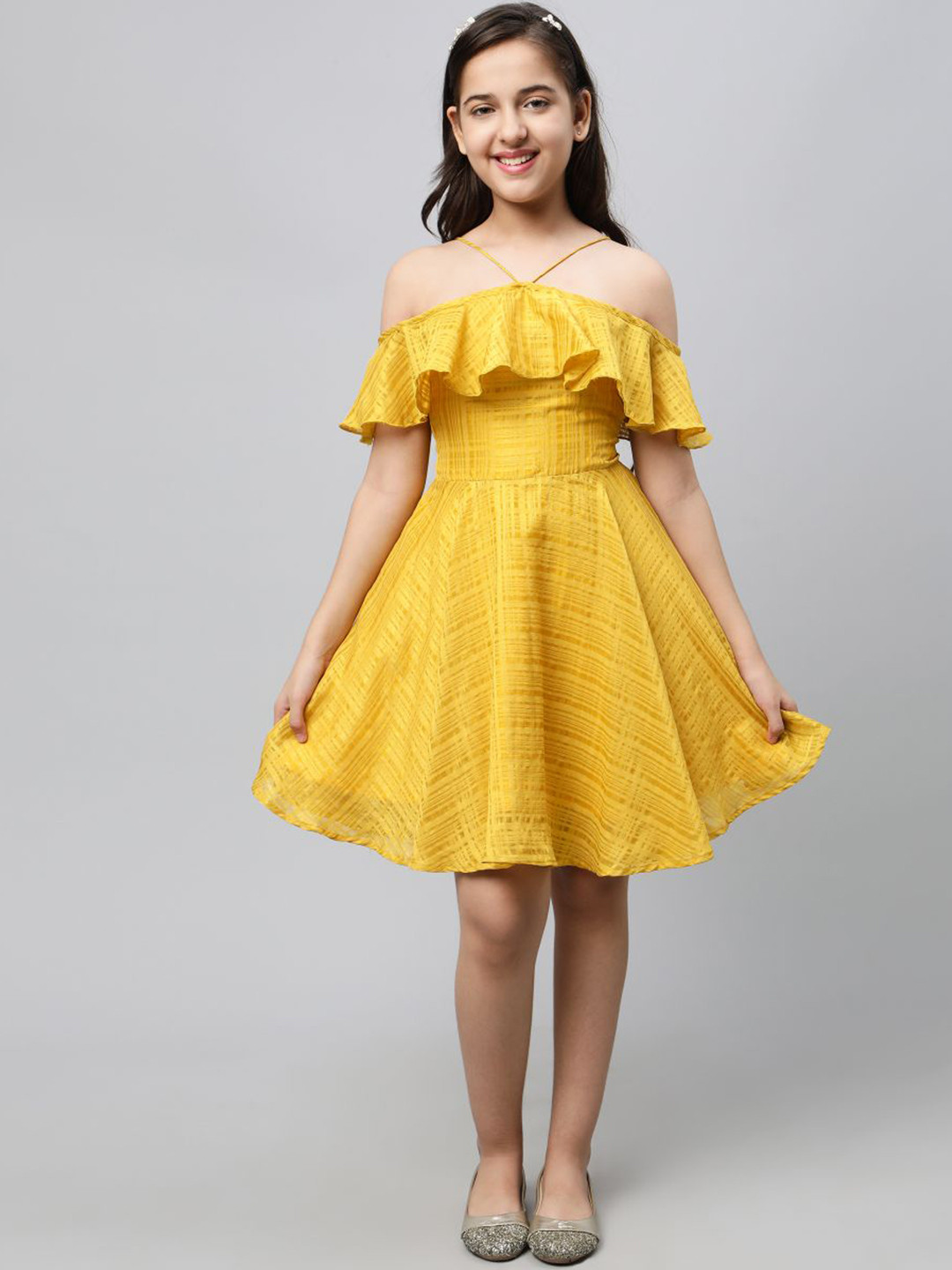 

BAESD Self Design Off-Shoulder Pleated Fit & Flare Dress, Yellow