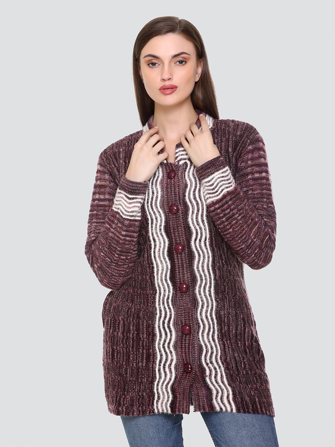 

Concede Self Design Longline Wool Cardigan, Purple