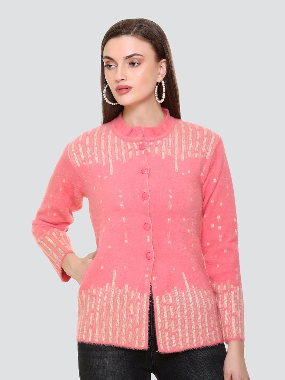 

Concede Striped Mock Collar Woollen Cardigan Sweaters, Peach