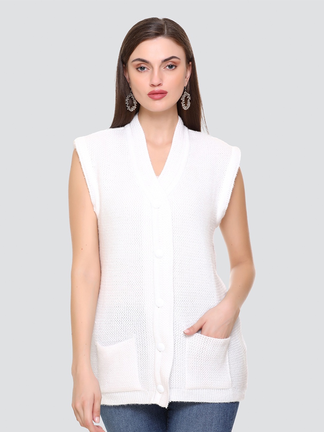 

Concede Open Knit V-Neck Sleeveless Acrylic Cardigan, White