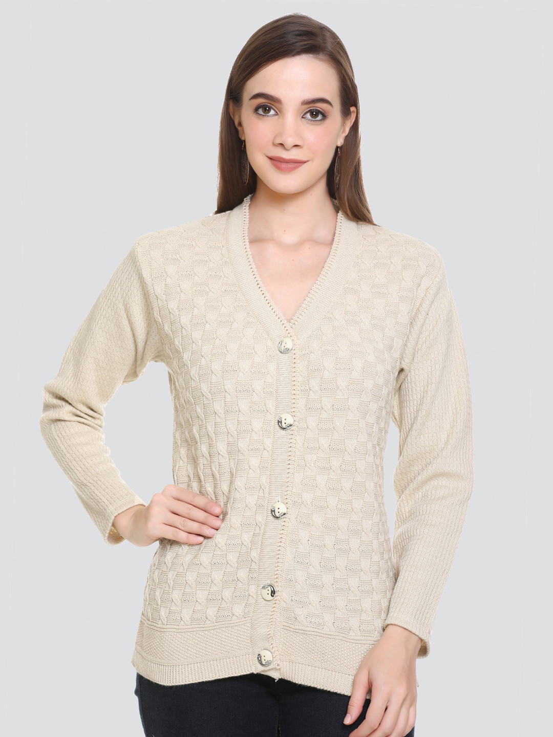 

Concede Self Design Cable Knit Acrylic Cardigan Sweaters, Cream