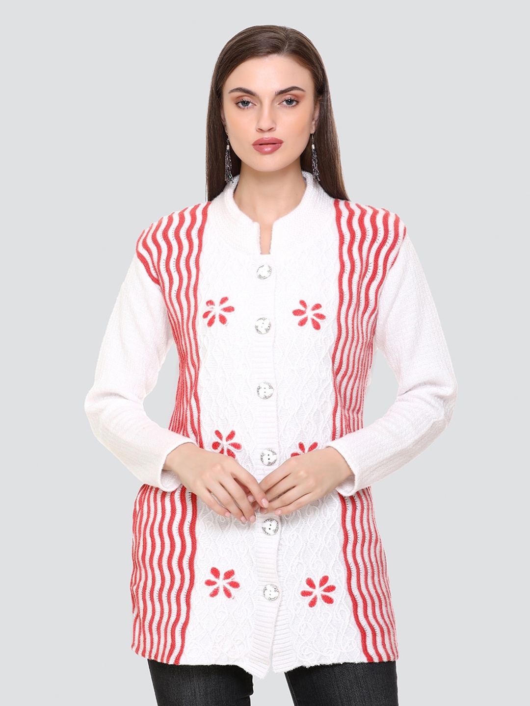 

Concede Floral Self Design Mock Collar Acrylic Cardigan Sweaters, White