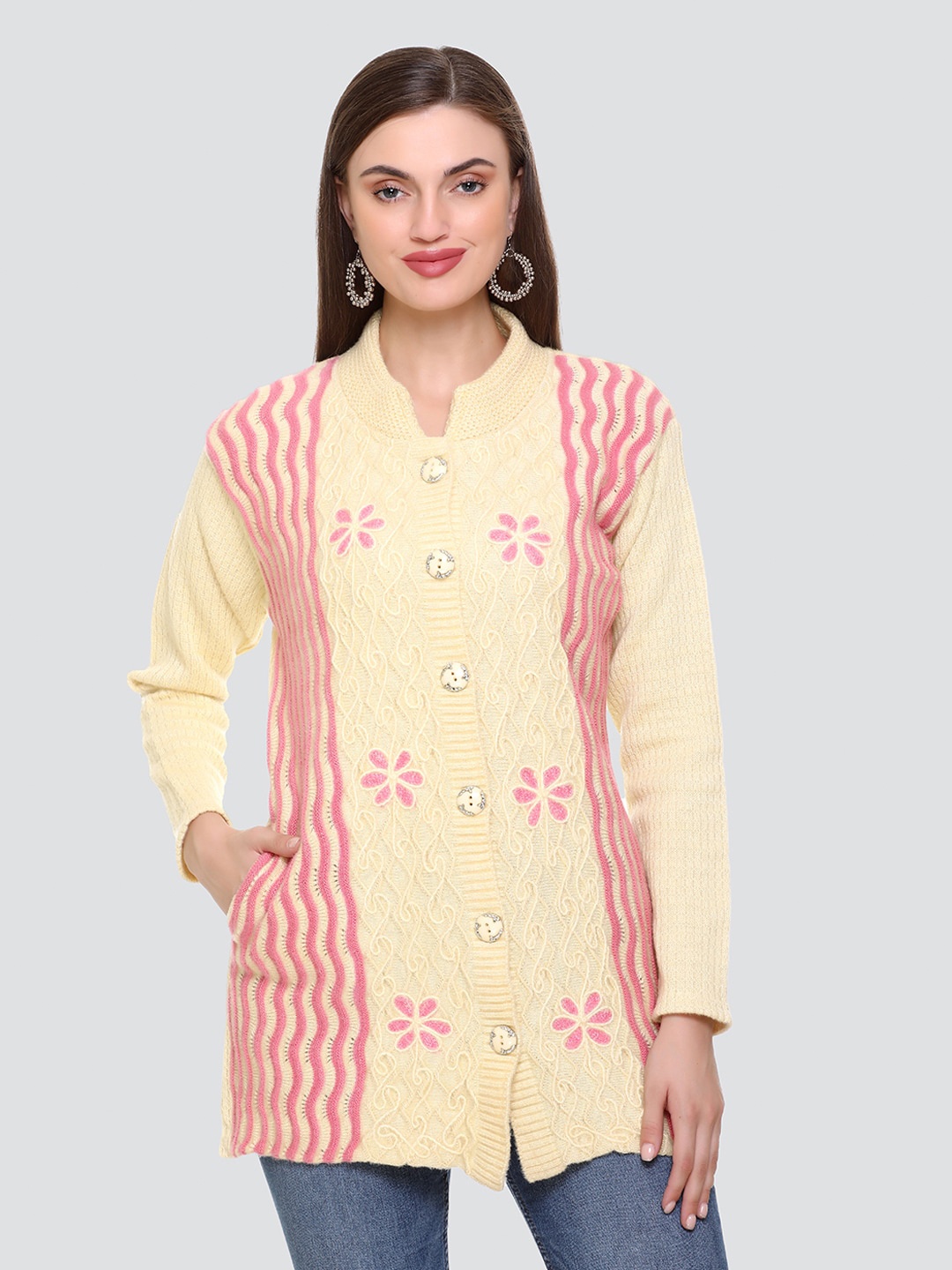 

Concede Floral Self Design Mock Collar Acrylic Cardigan Sweaters, Cream