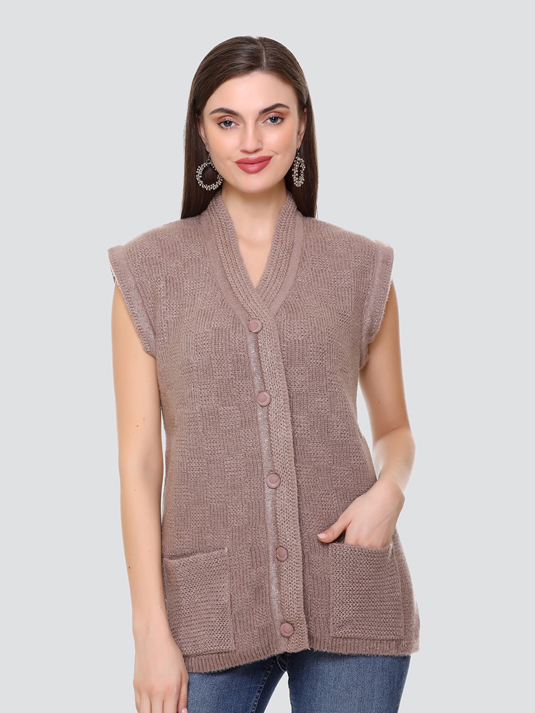 

Concede Self Design Sleeveless Acrylic Cardigan, Brown