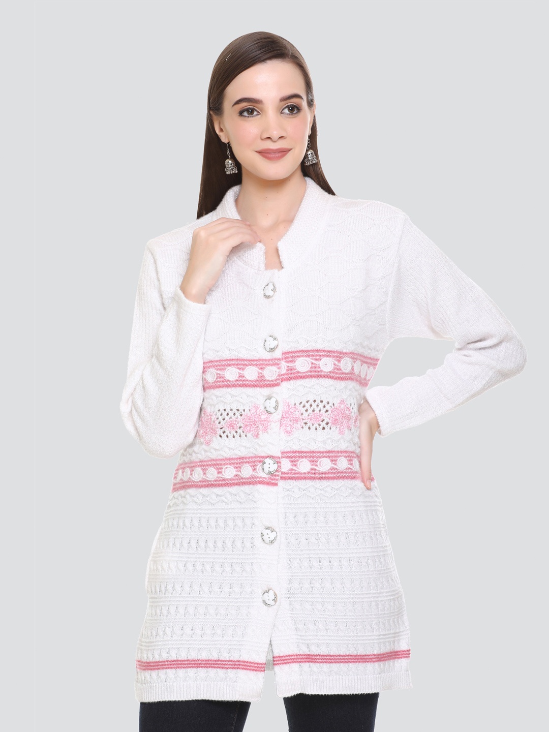 

Concede Self Design Cable Knit Mock Collar Acrylic Longline Cardigan Sweaters, White
