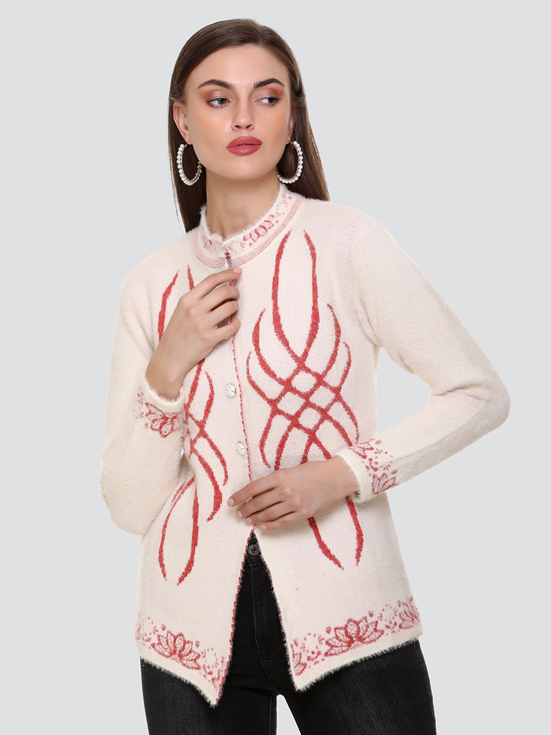 

Concede Geometric Printed Band Collar Wool Cardigan, White