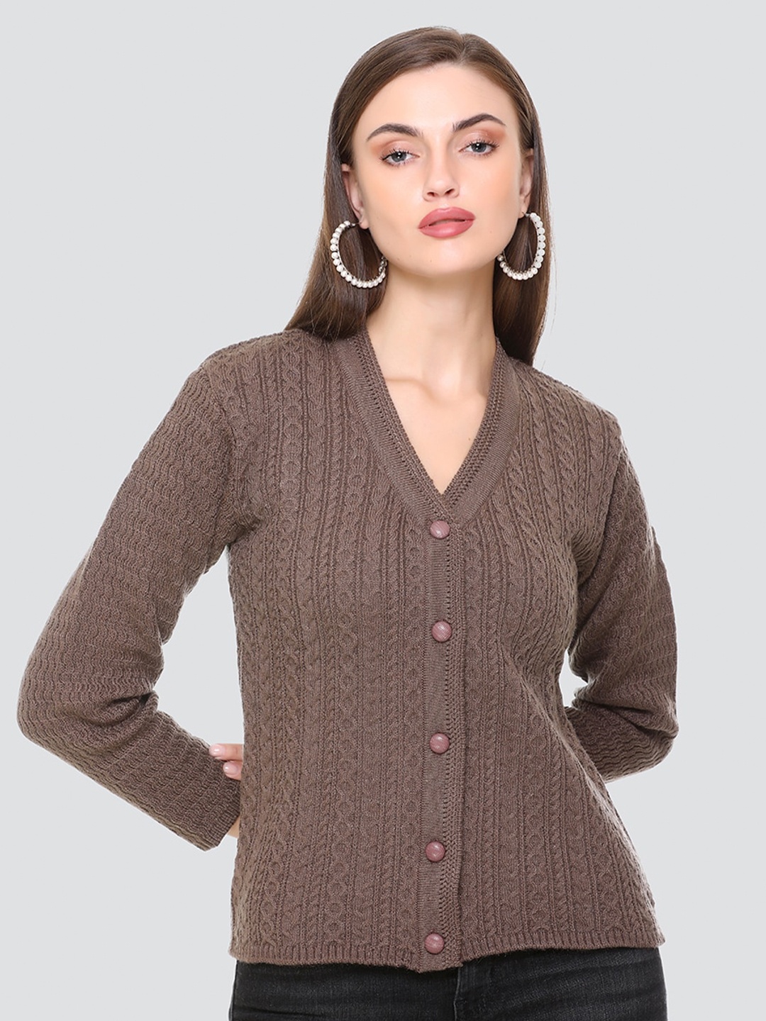 

Concede Cable Knit Woollen Cardigan, Brown