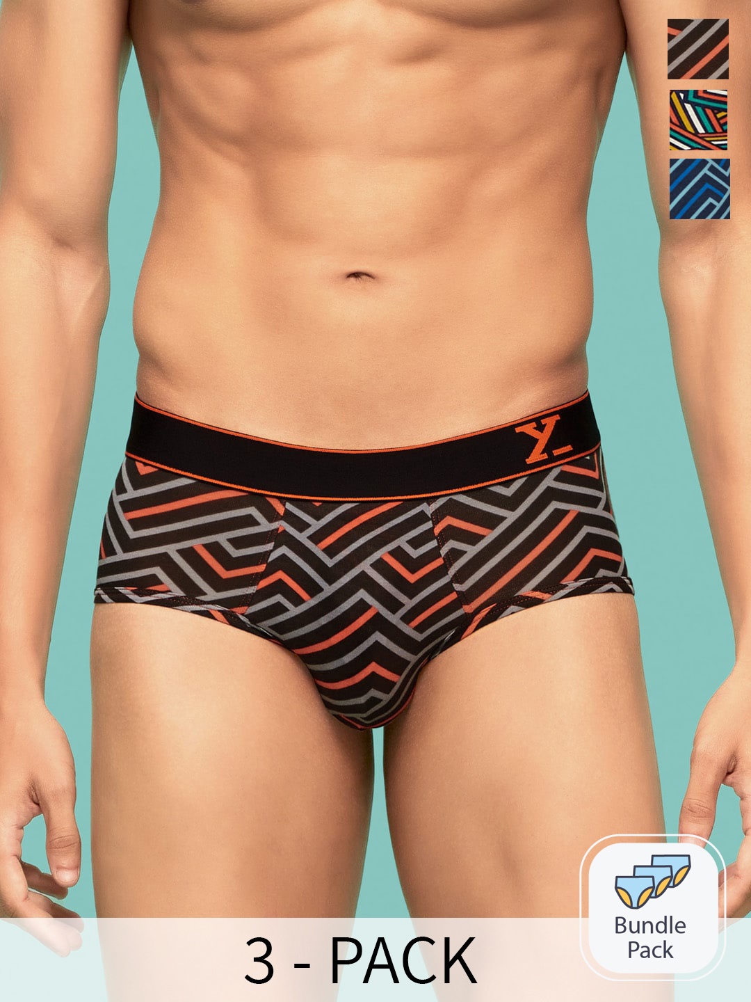 

XYXX Men Pack of 3 Relaxed Fit Printed Parallax Intellifresh Cotton Brief, Yellow