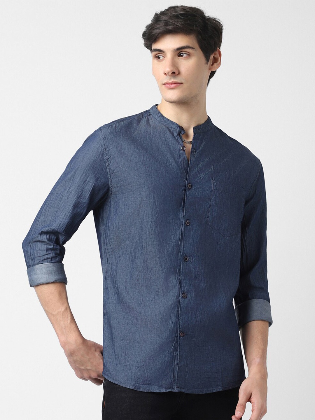 VASTRADO Band Collar Cotton Casual Shirt, Blue