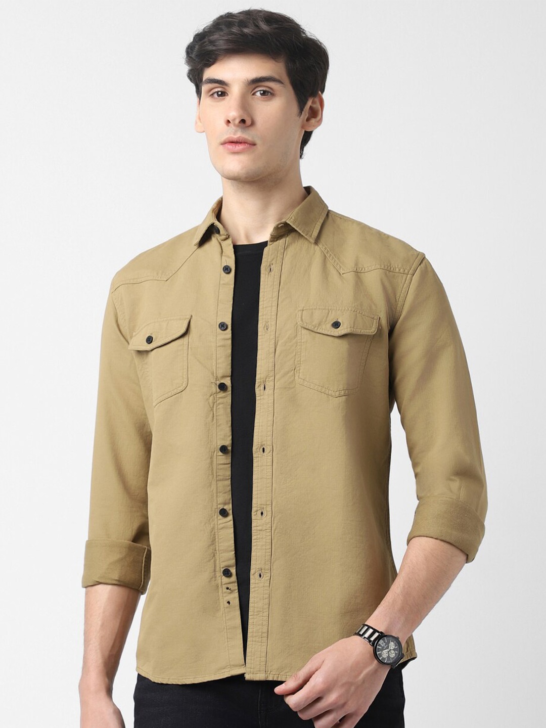 

VASTRADO Spread Collar Cotton Casual Shirt, Khaki
