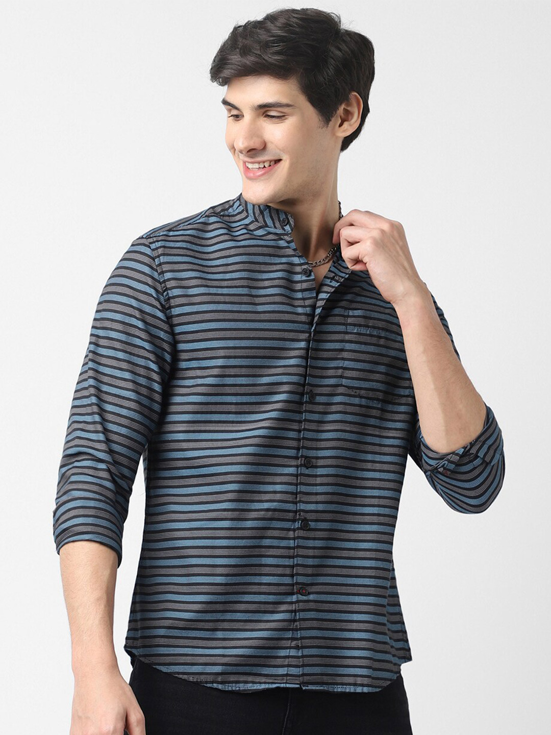 

VASTRADO Striped Mandarin Collar Pure Cotton Casual Shirt, Blue