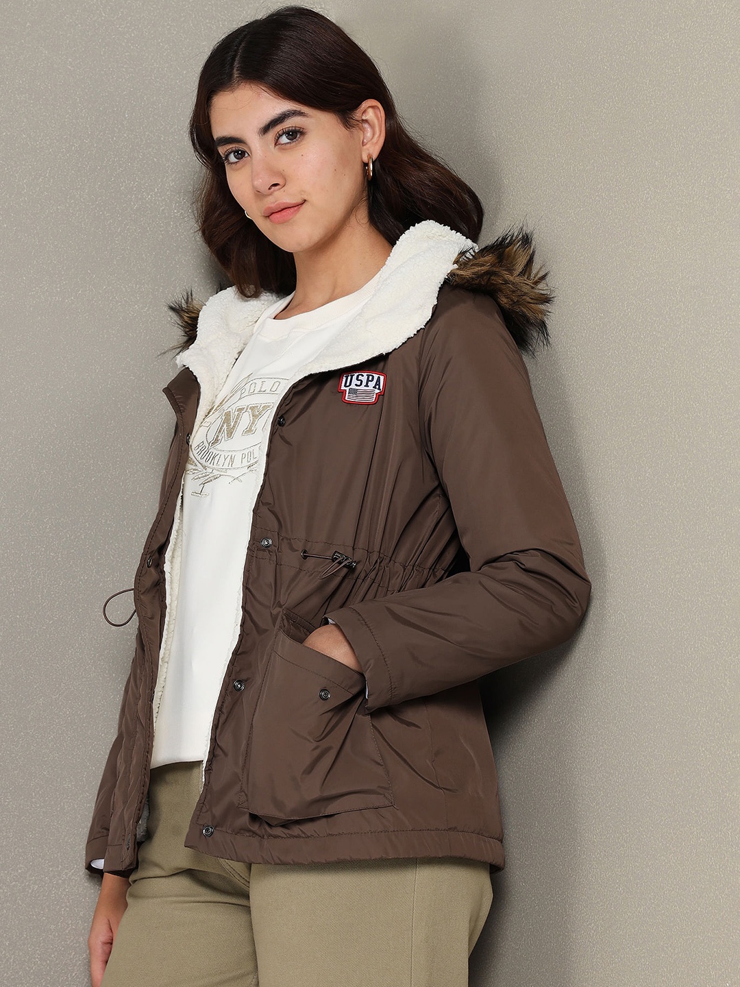 

U.S. Polo Assn. Women Hooded Longline Parka Jacket With Faux Fur Trim, Brown