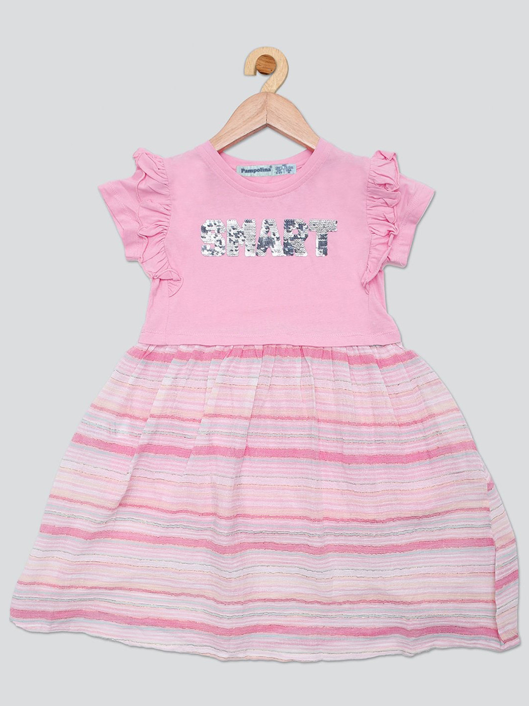

PAMPOLINA Girls Striped Sequinned Cotton Fit & Flare Dress, Pink