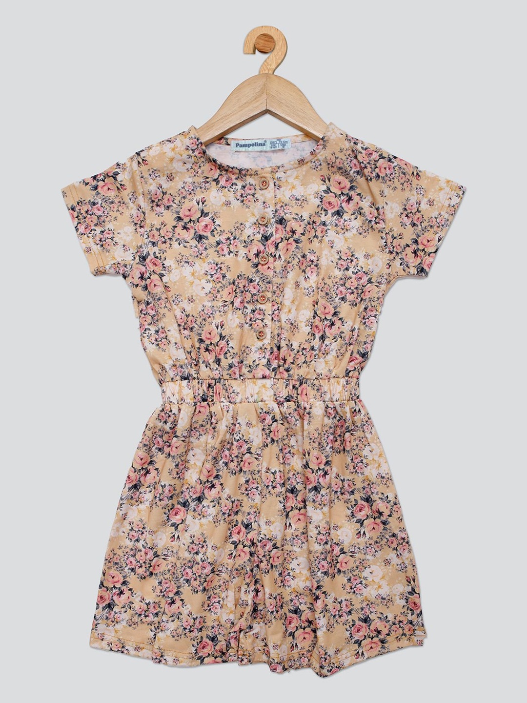 

PAMPOLINA Girls Floral Printed Cotton Fit & Flare Dress, Beige