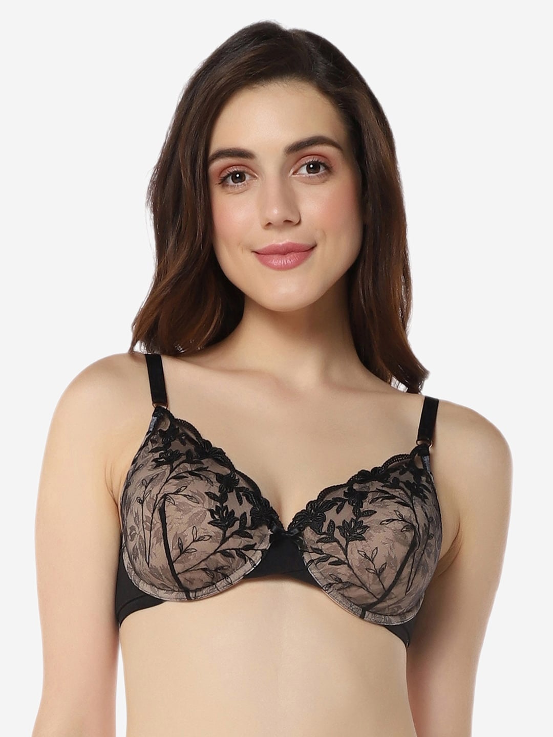 

Amante Floral Lace Half Coverage Lightly Padded Balconette Bra With All Day Comfort, Black