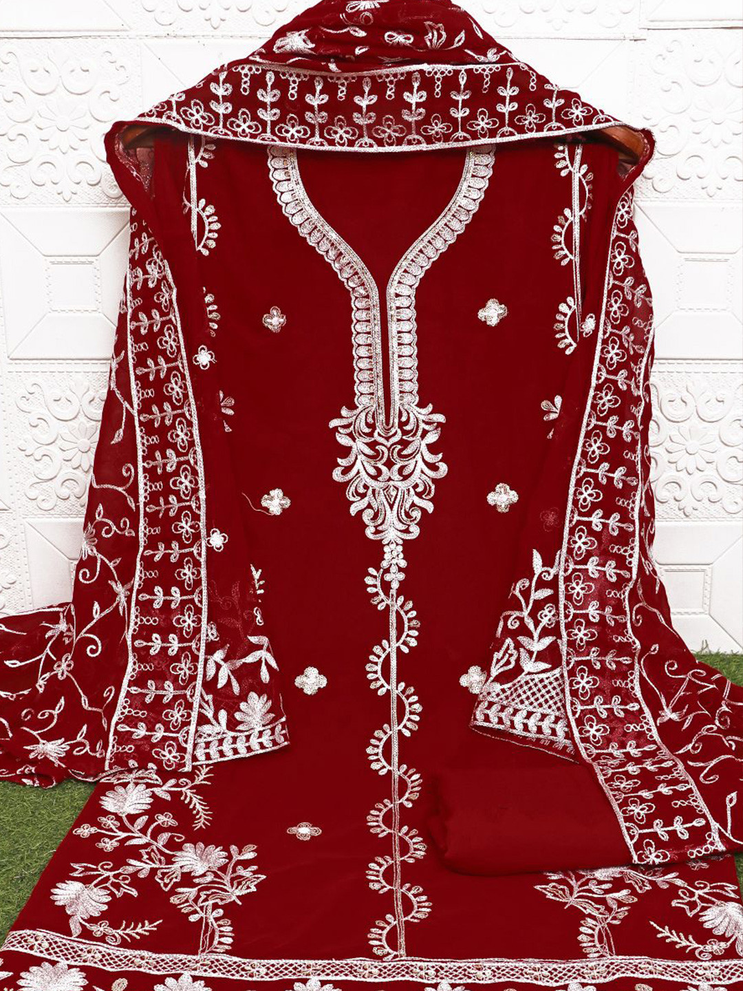 

VAIRAGEE Embroidered Sequinned Unstitched Dress Material, Red