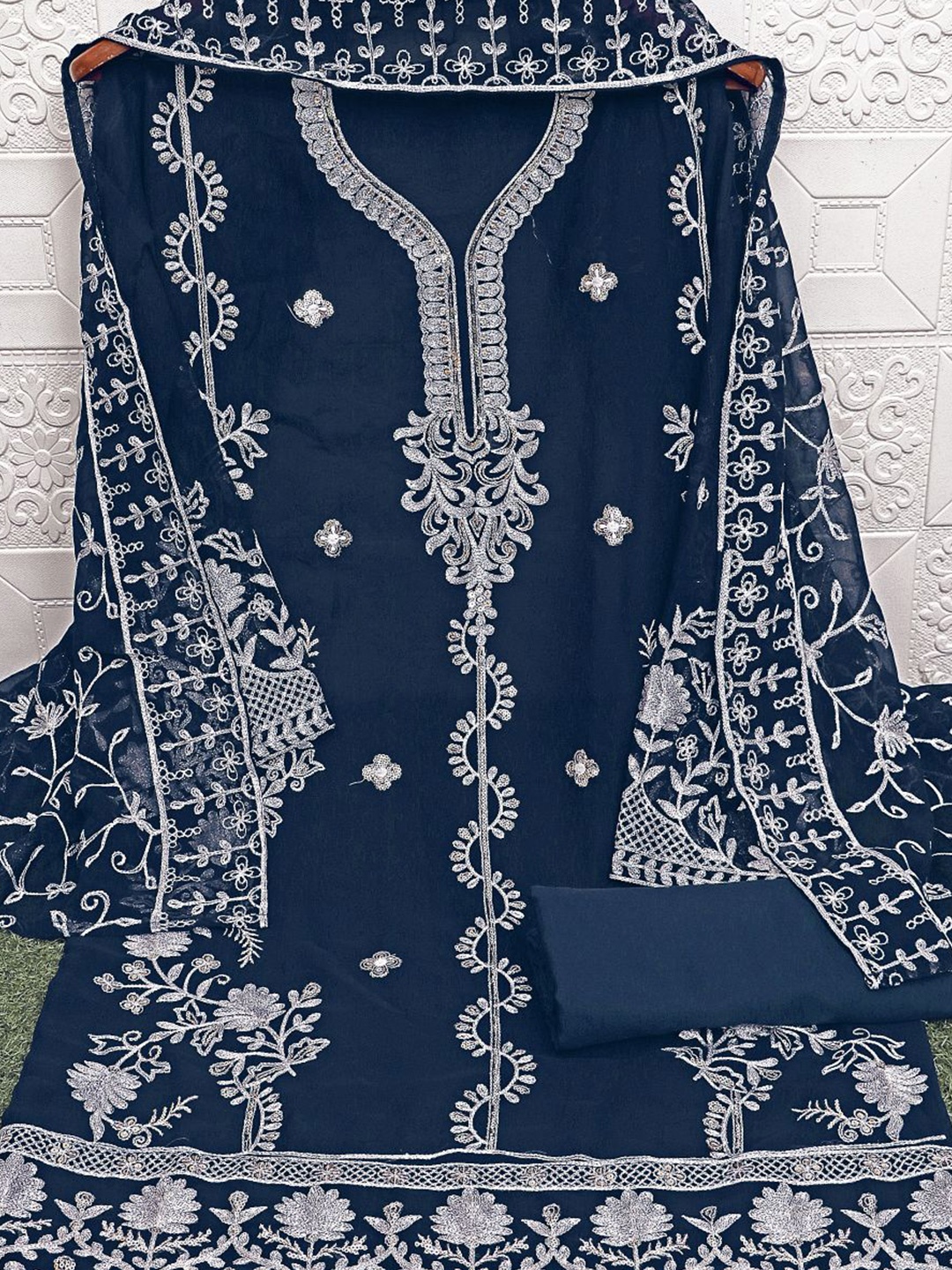 

VAIRAGEE Embroidered Sequinned Unstitched Dress Material, Teal