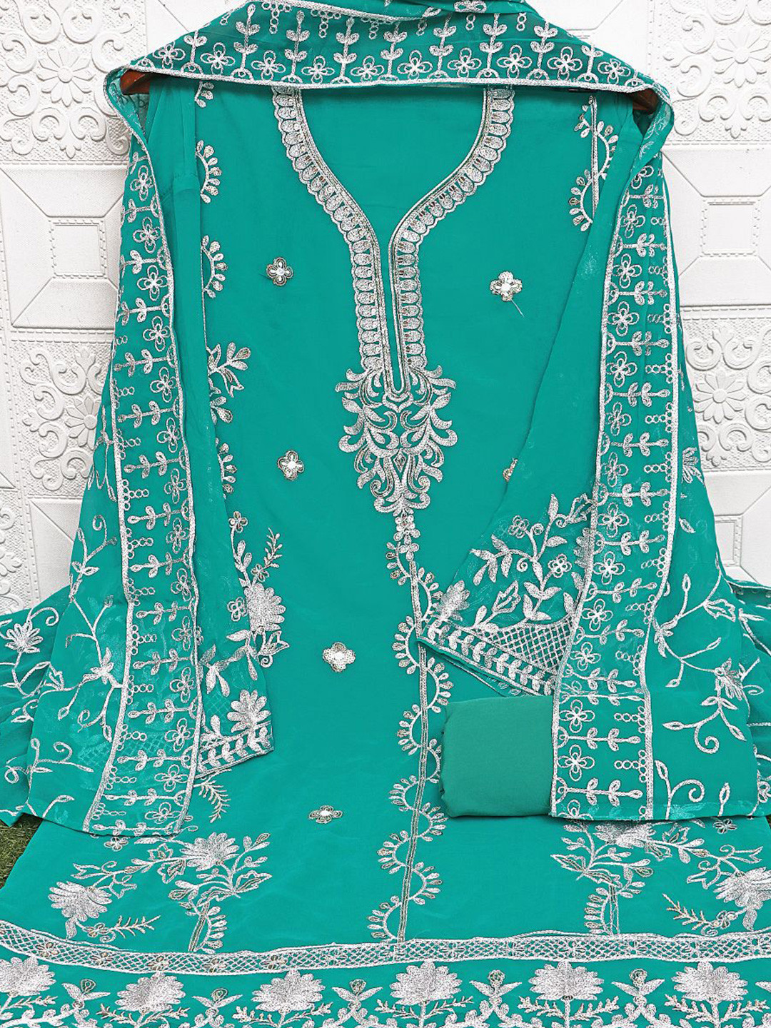 

VAIRAGEE Embroidered Sequinned Unstitched Dress Material, Turquoise blue