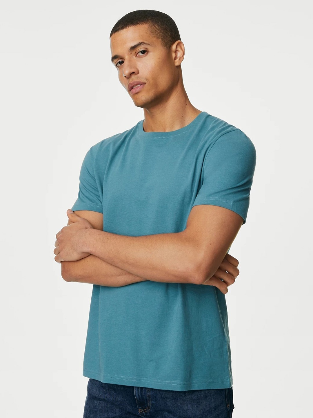 

Marks & Spencer Round Neck Short Sleeves Pure Cotton T-shirt, Turquoise blue