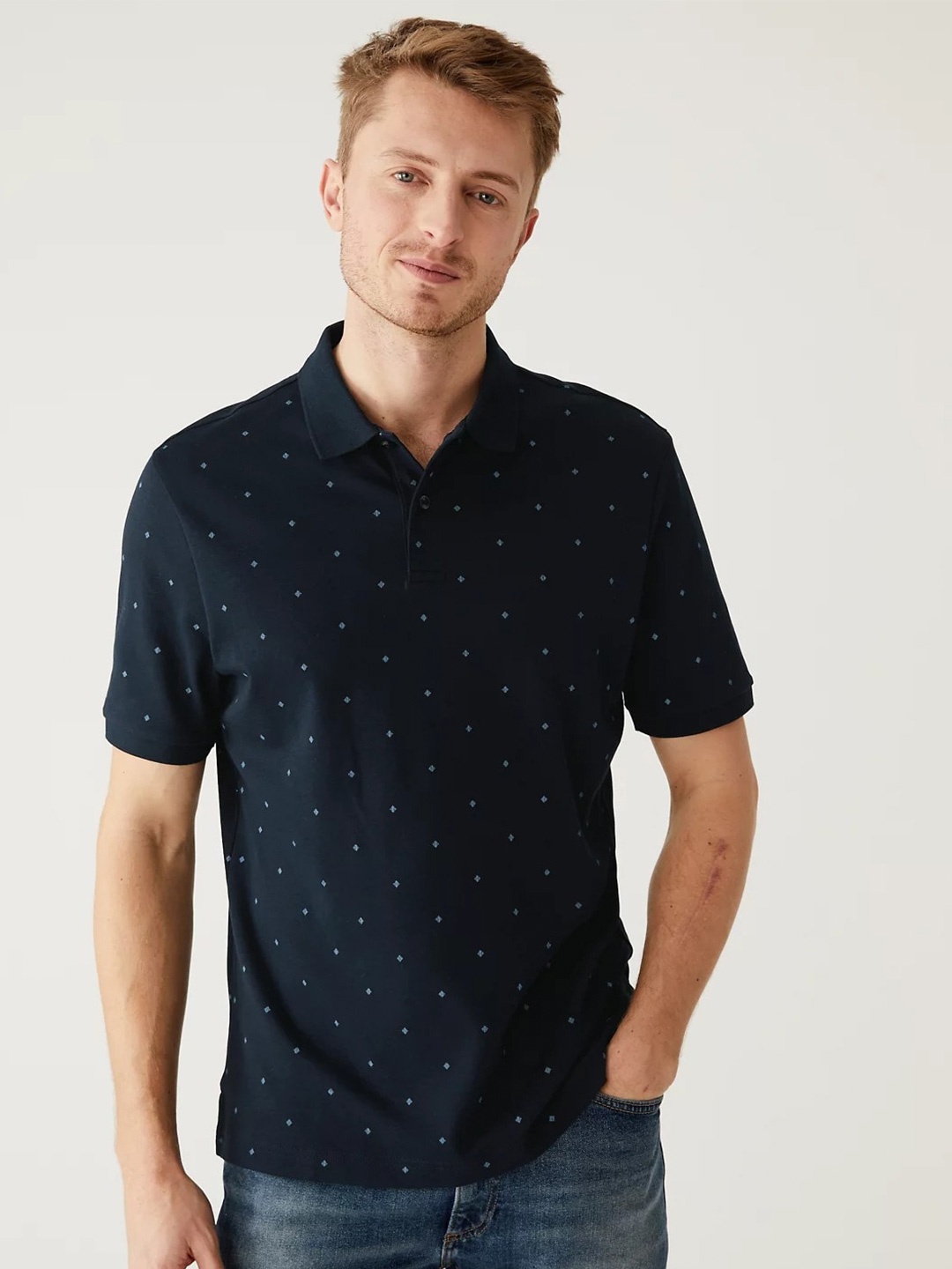 

Marks & Spencer Abstract Printed Polo Collar Pure Cotton T-shirt, Navy blue