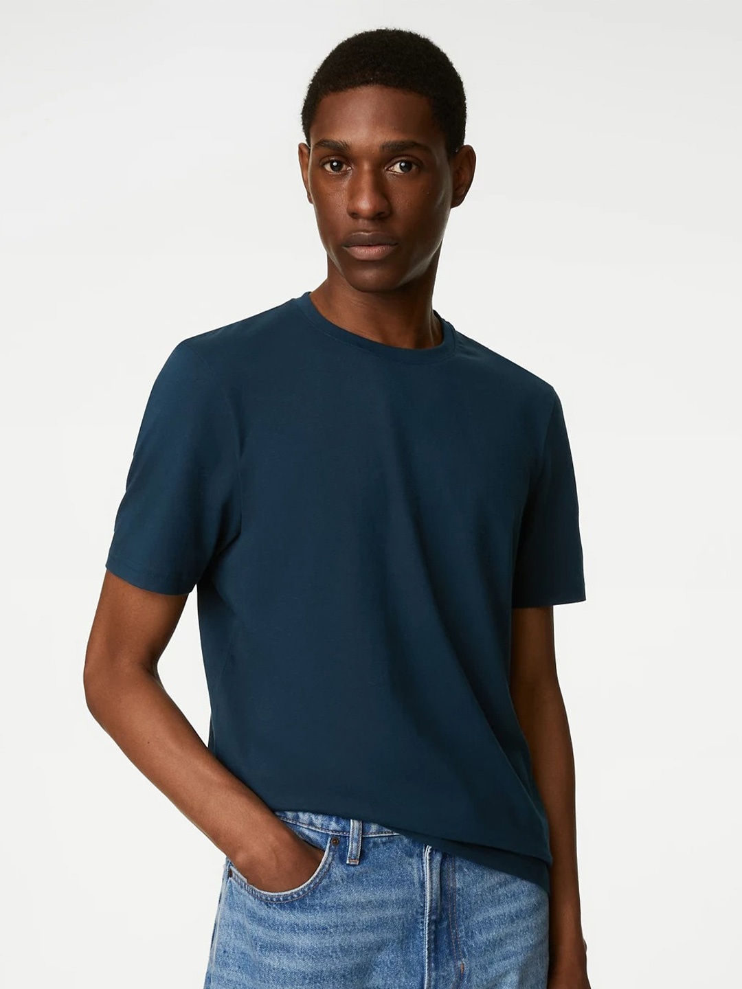 

Marks & Spencer Round Neck Short Sleeves Pure Cotton T-shirt, Navy blue