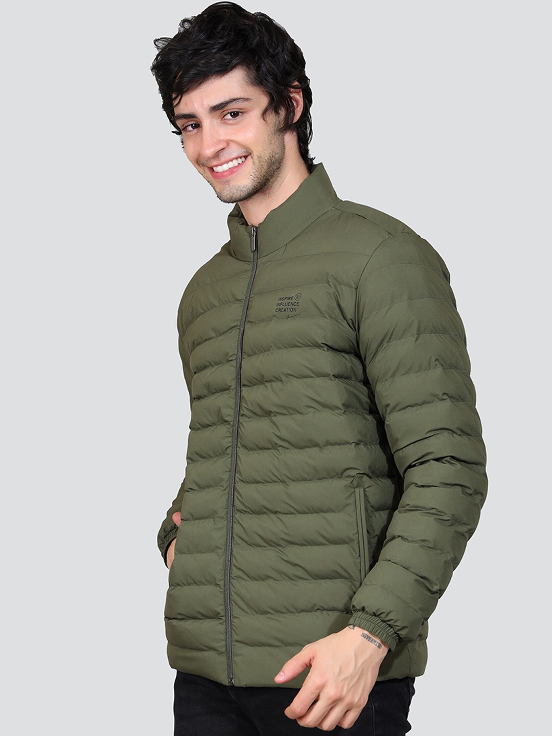 

YOUNG CLUB CLASSIC Mock Collar Long Sleeve Lightweight Longline Zip Detail Puffer Jacket, Olive