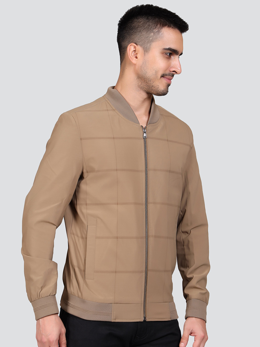 

YOUNG CLUB CLASSIC Checked Mandarin Collar Lightweight Tailored Jacket, Khaki
