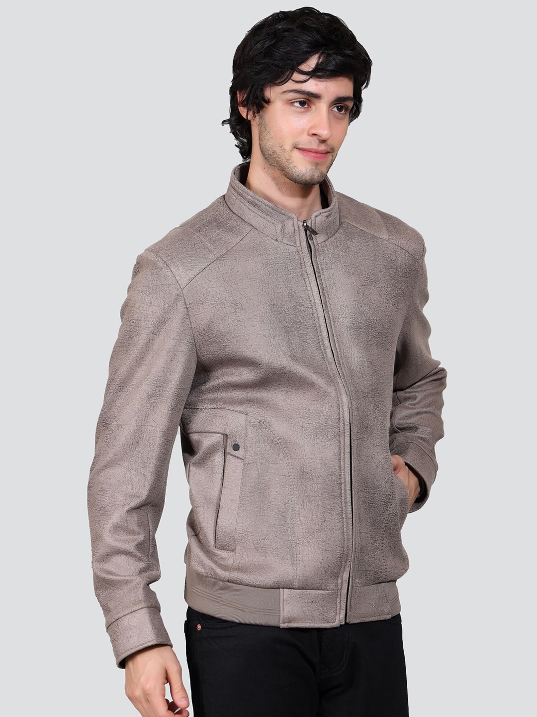 

YOUNG CLUB CLASSIC Textured Stand Collar Lightweight Leather Jacket, Grey