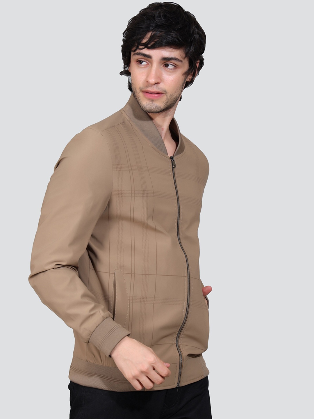 

YOUNG CLUB CLASSIC Checked Mock Collar Lightweight Bomber Jacket, Khaki