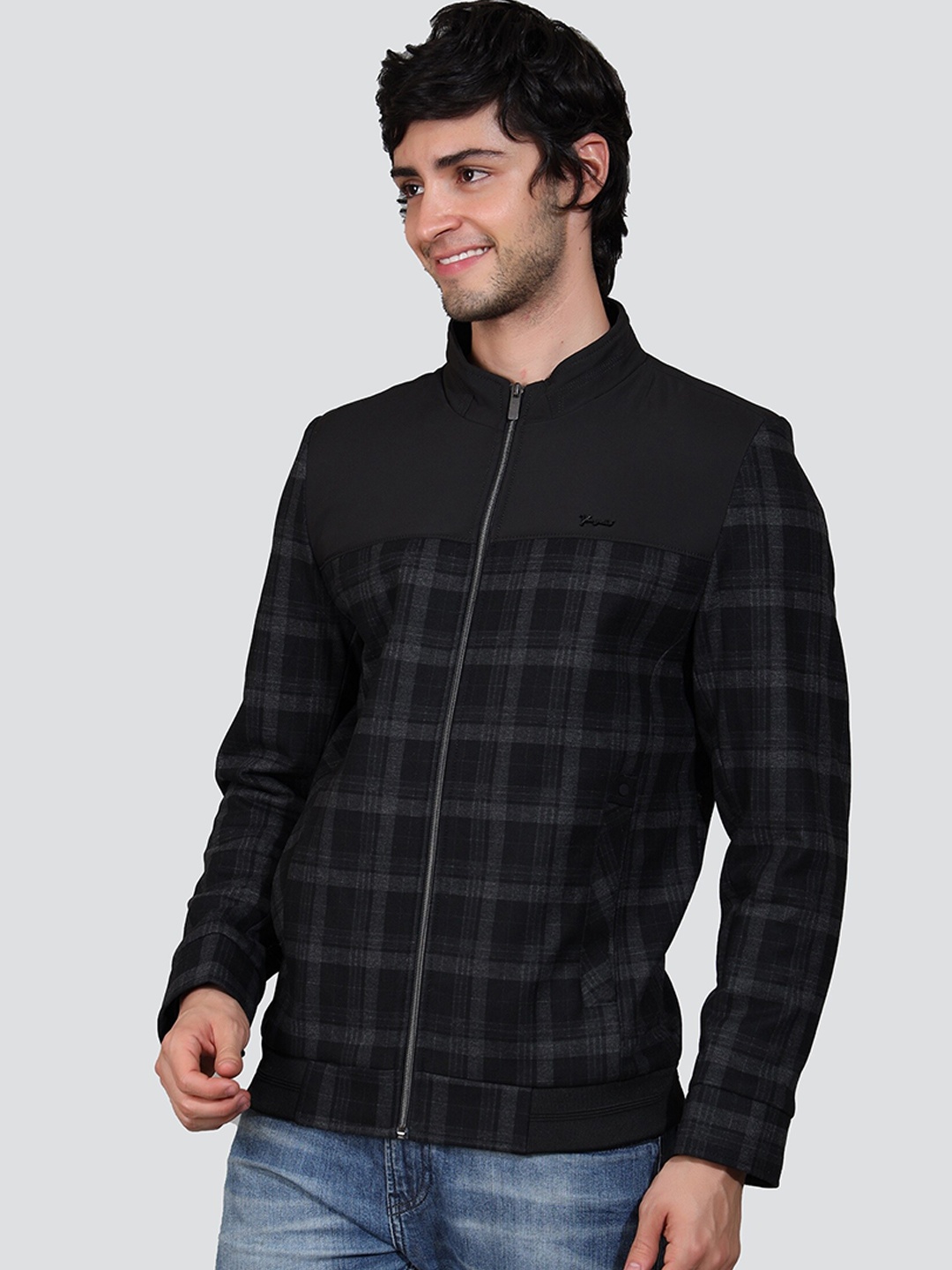 

YOUNG CLUB CLASSIC Mock Collar Checked Lightweight Bomber Jacket, Black
