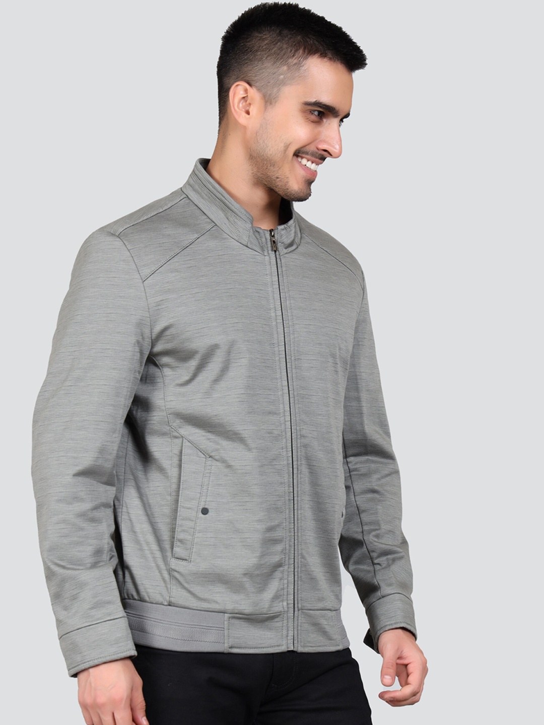 

YOUNG CLUB CLASSIC Self Design Stand Collar Lightweight Cotton Sporty Jacket, Grey