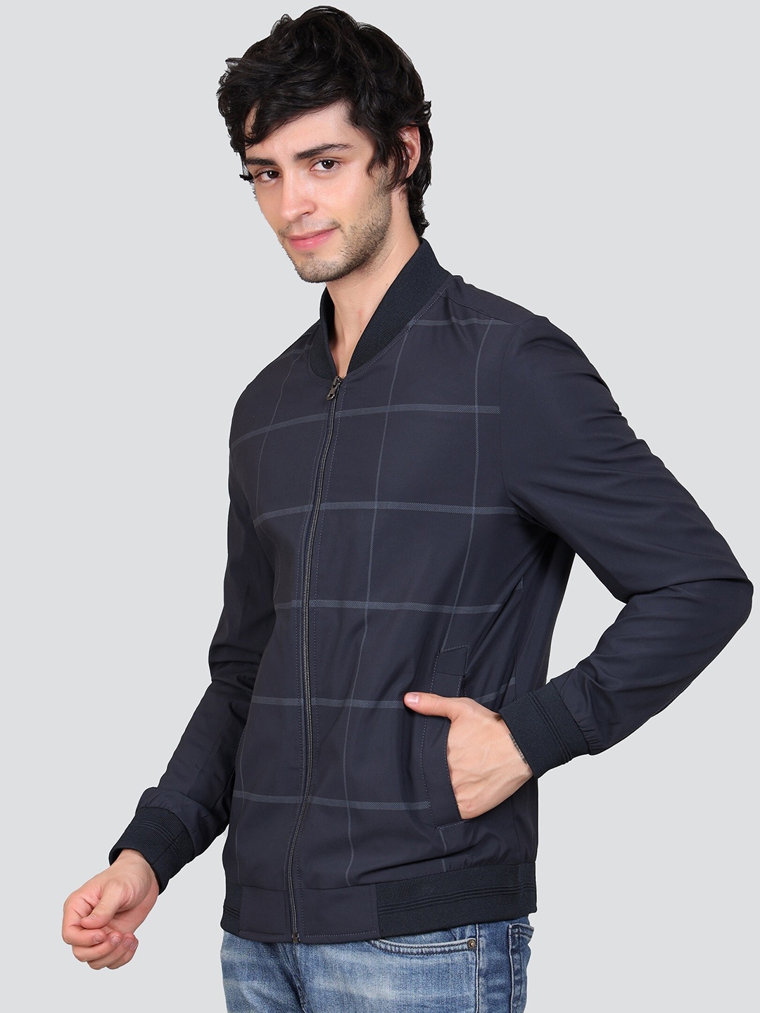 

YOUNG CLUB CLASSIC Mock Collar Checked Lightweight Bomber Jacket, Blue