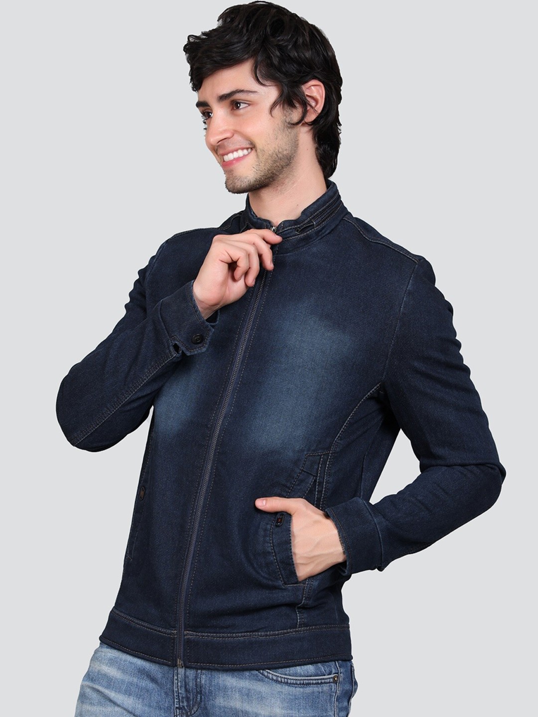 

YOUNG CLUB CLASSIC Stand Collar Lightweight Long Sleeves Washed Denim Jacket, Blue