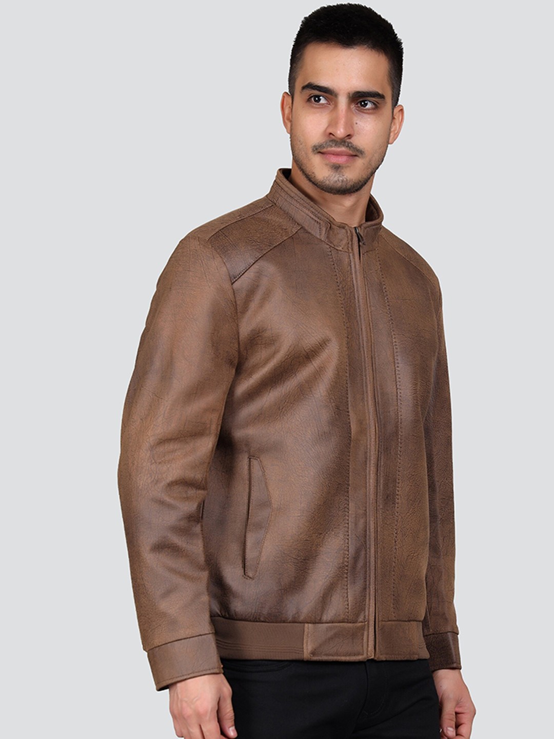 

YOUNG CLUB CLASSIC Mock Collar Lightweight Leather Jacket, Brown