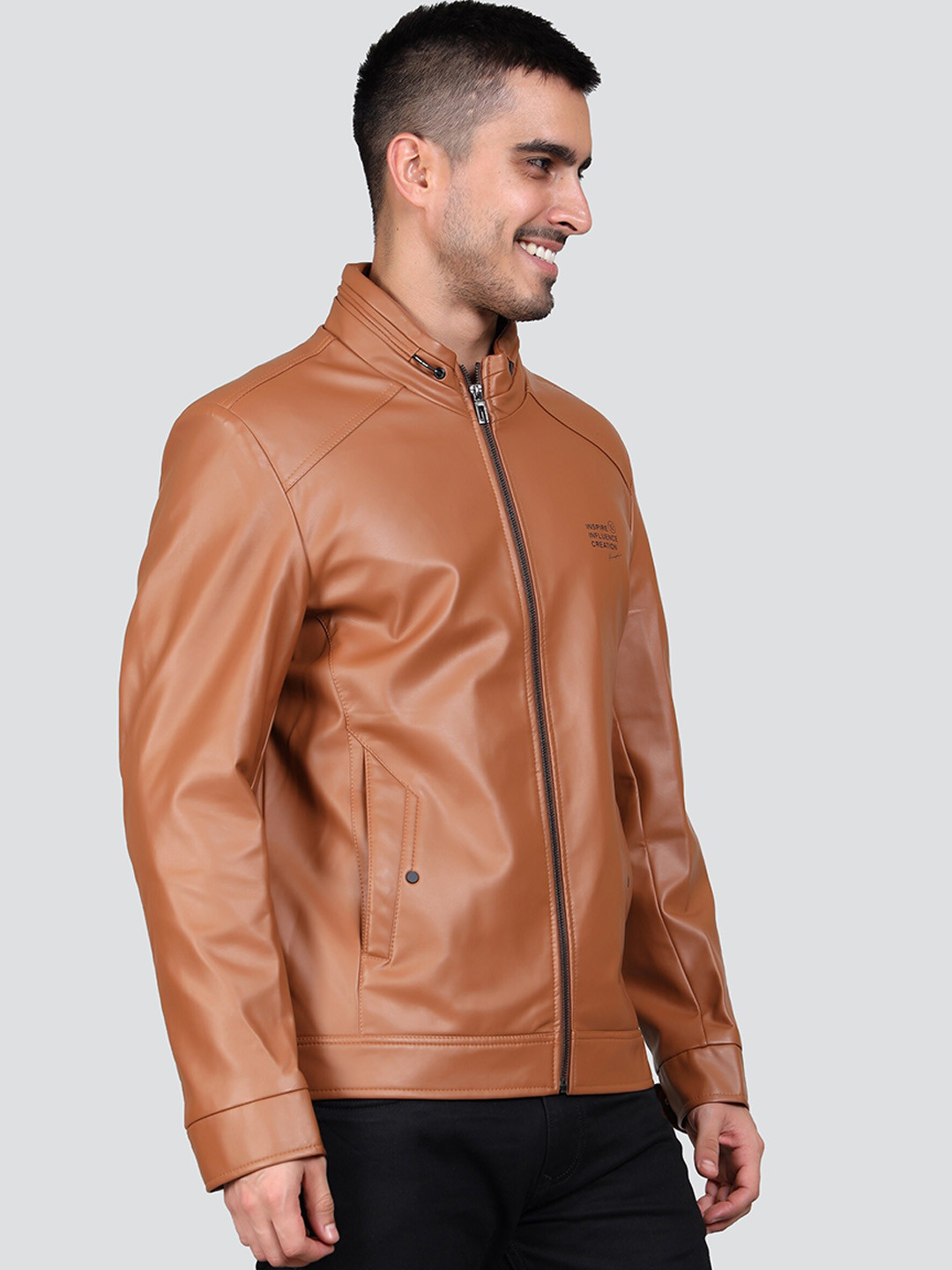 

YOUNG CLUB CLASSIC Stand Collar Lightweight Biker Jacket, Brown