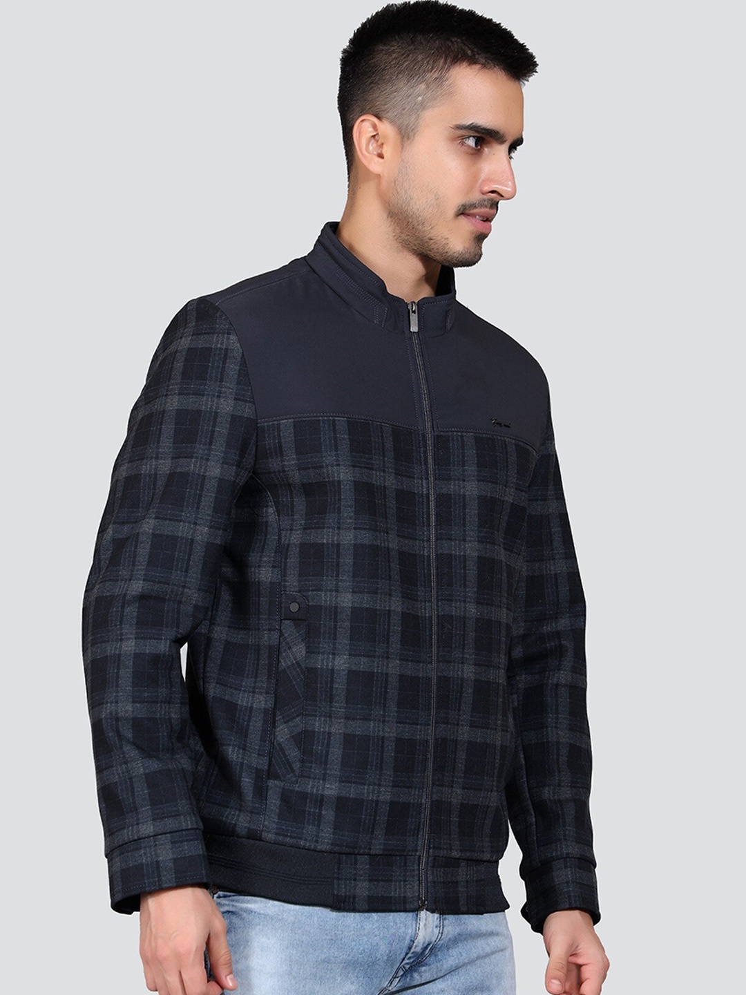 

YOUNG CLUB CLASSIC Checked Stand Collar Lightweight Bomber Jacket, Blue
