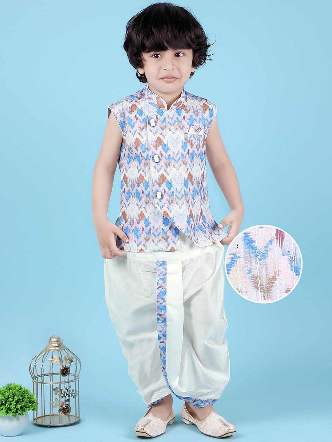 

KIDS FARM Boys Abstract Printed Regular Sequinned Pure Silk Kurta with Dhoti Pants, Blue