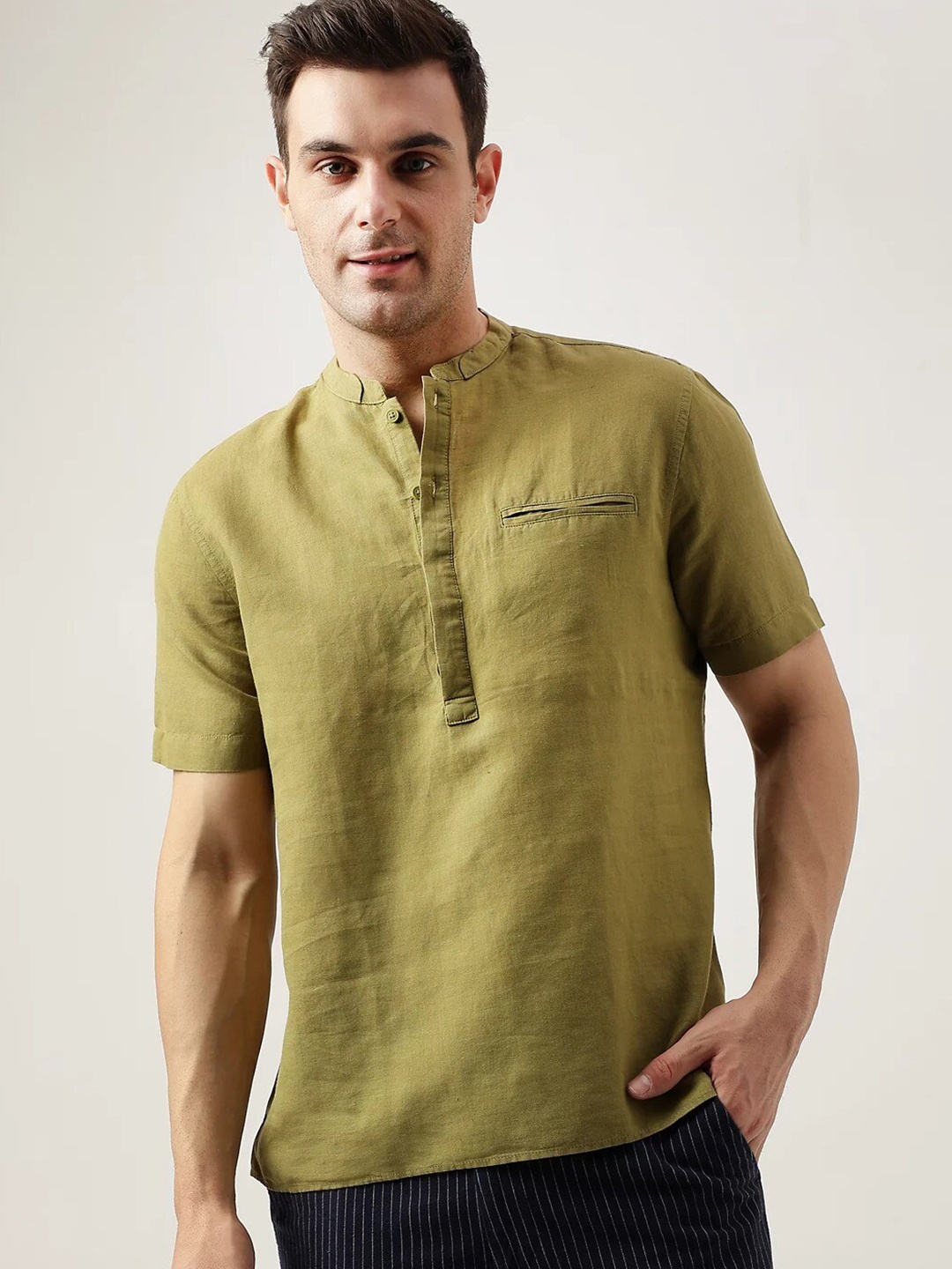 

Marks & Spencer Mandarin Collar Opaque Pure Cotton Casual Shirt, Olive