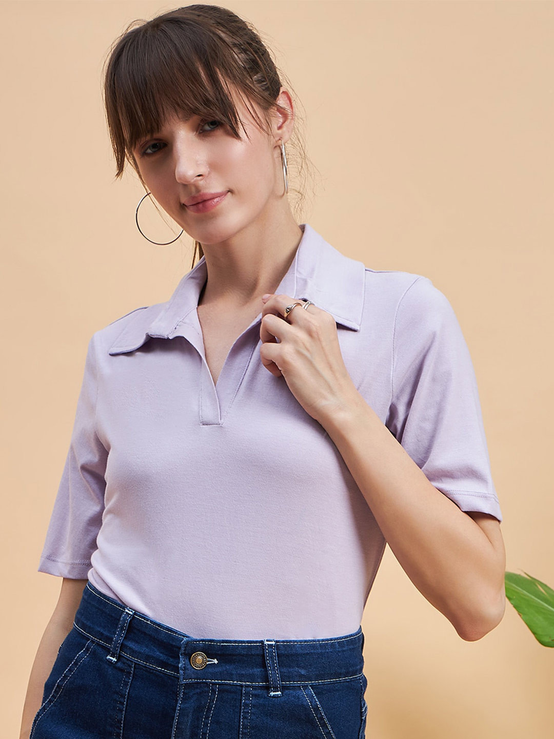 

MINT STREET Spread Collar Pure Cotton Casual T-shirt, Lavender