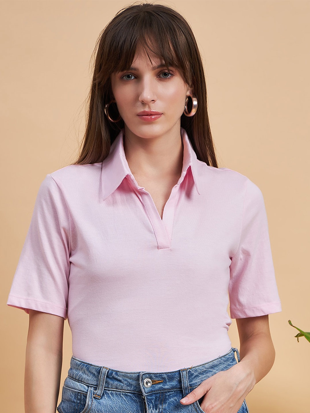 

MINT STREET Spread Collar Pure Cotton Casual T-shirt, Pink