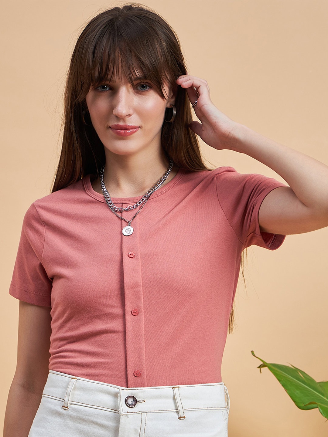 

MINT STREET Round Neck Pure Cotton Casual T-shirt, Peach