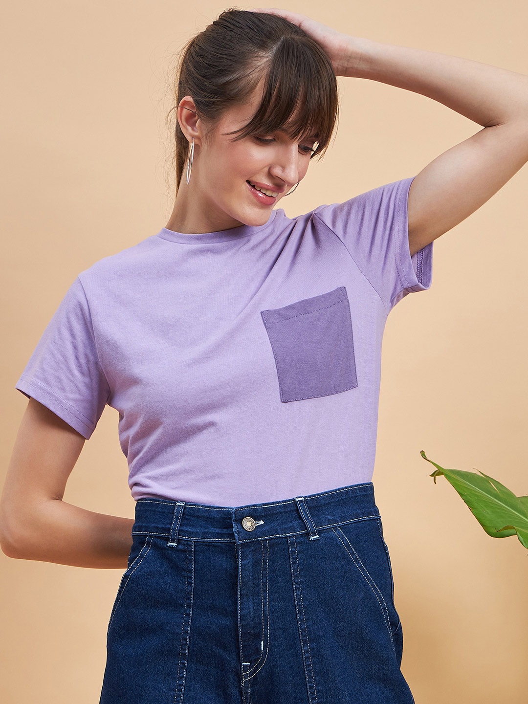 

MINT STREET Women Lavender Striped Pockets T-shirt