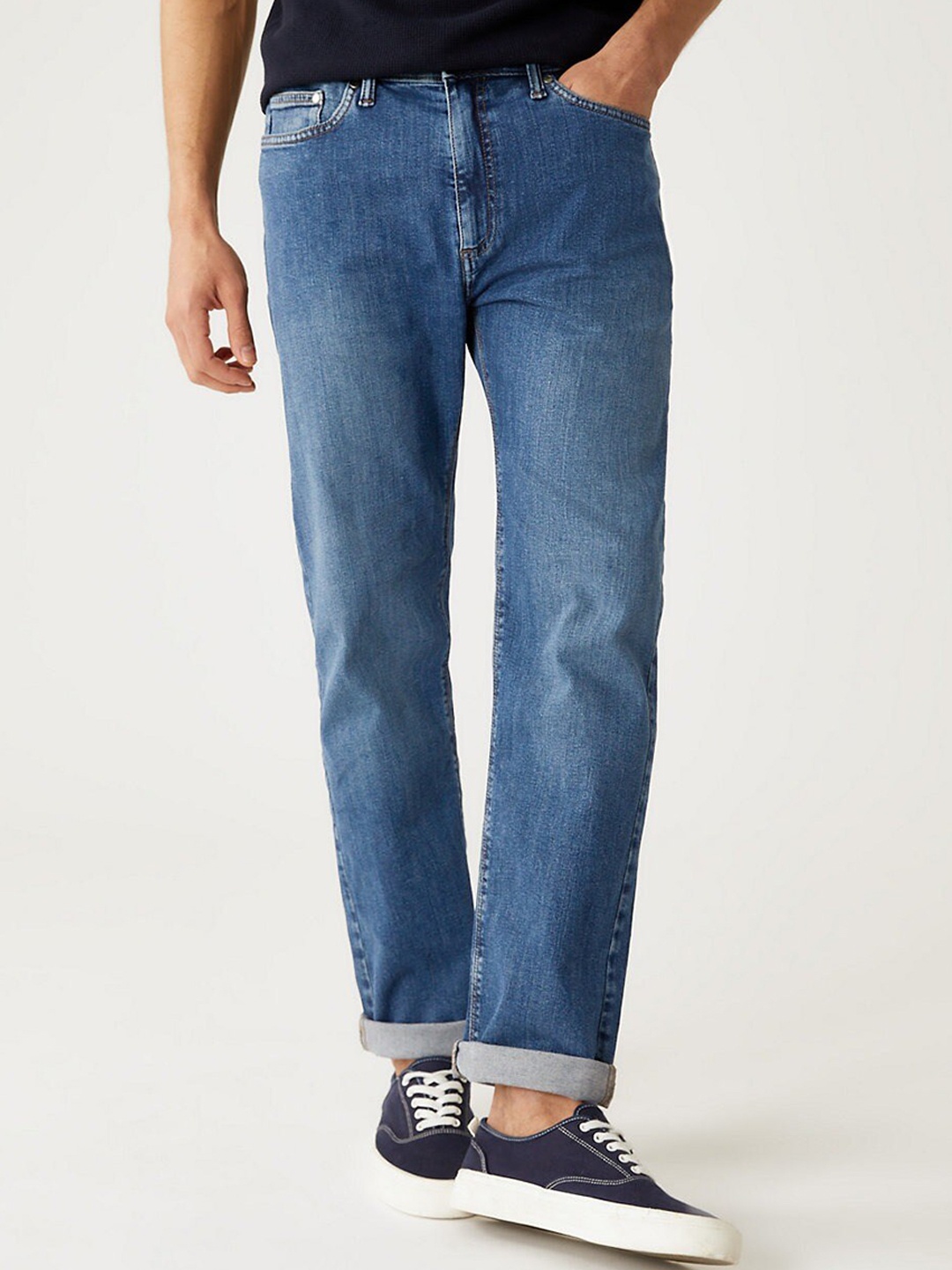 

Marks & Spencer Men Straight Fit Clean Look Light Fade Stretchable Jeans, Blue