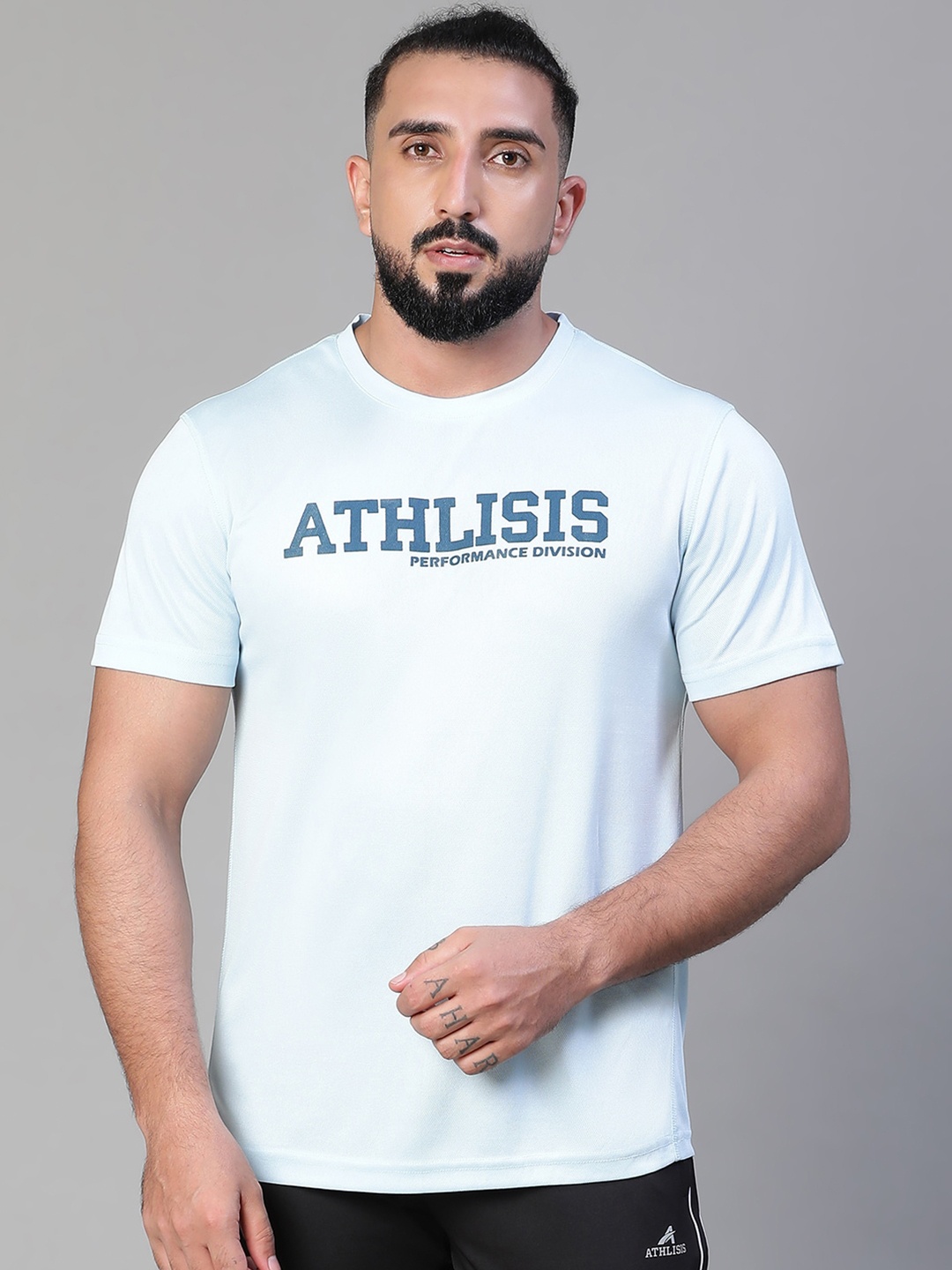 

ATHLISIS Typography Printed Dri-FIT Slim Fit Sports T-shirt, Blue