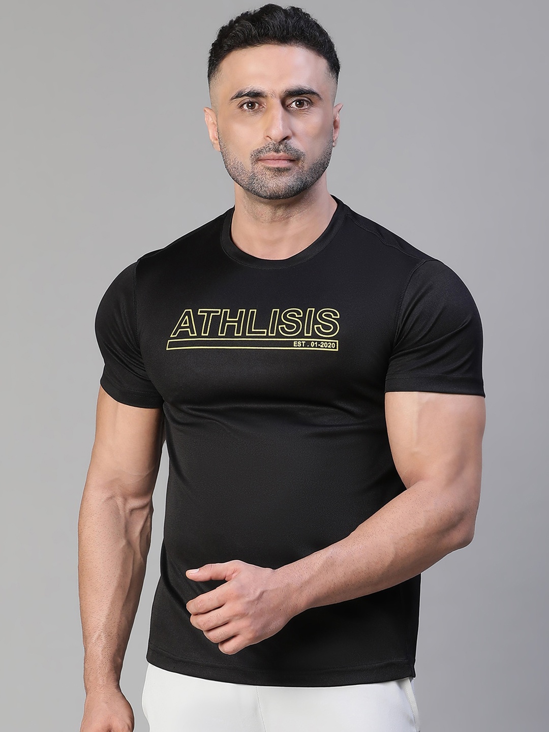 

ATHLISIS Typography Printed Dri-FIT Pockets Slim Fit Sports T-shirt, Black